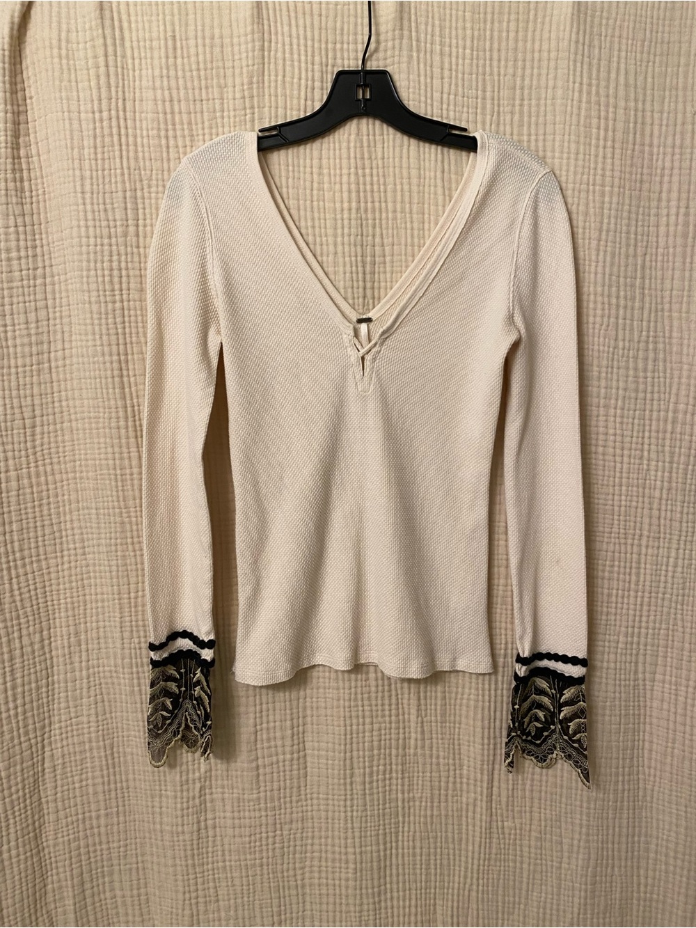 Free People Cream Long-Sleeve V-Neck Top with Embroidered Cuffs